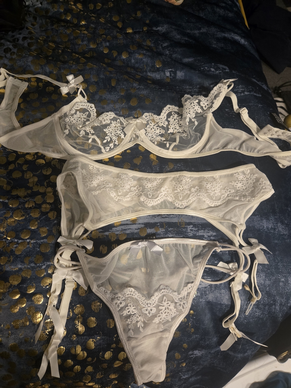 EUC Sheer Lace 3-Piece Lingerie Garter Set - White